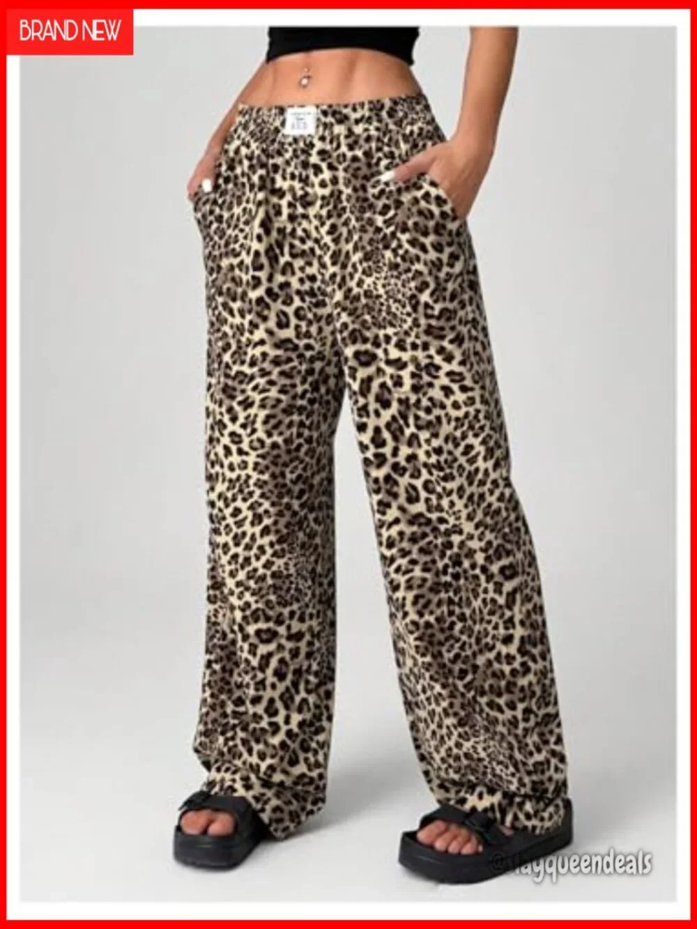 Women's Letter Leopard Print Straight Leg Pants Elastic Waist Y2K Trousers with - Picture 3 of 5